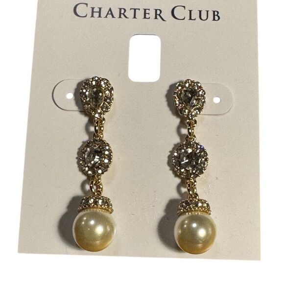 Charter Club Gold tone imitation 1.5” Pearl Drop Earrings - Picture 3 of 4